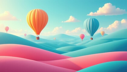 Fototapeta premium Hot air balloons float over stylized pastel hills and clouds. Orange and blue balloons ascend a dreamlike sky. Peaceful travel and exploration concept.