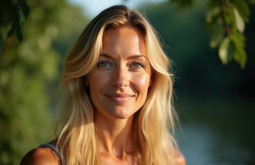 Naklejka premium Smiling woman with blonde hair enjoys sunny day outdoors. She has blue eyes and looks happy and relaxed, a portrait of natural beauty. Copy space available.