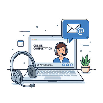 Online Consultation Dr Anya Sharma In Garden Using Headset And Microphone
