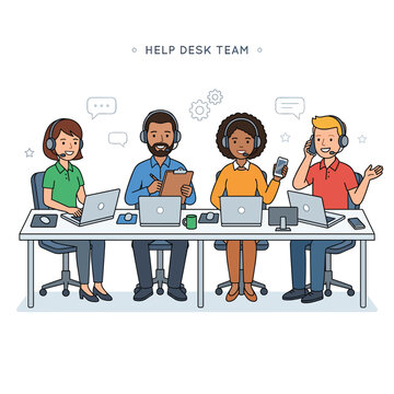 Help Desk Team Four Employees Using Headset