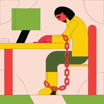 Workload: Illustration depicting the feeling of being chained to work desk.