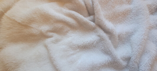 Luxurious white fleece fabric texture with smooth folds, soft tactile appearance, warm neutral palette, plush material detail, and comforting abstract background. © BRUNA