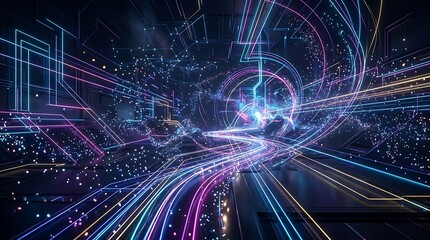 Obraz premium Abstract Digital Network Tunnel with Glowing Neon Lines and Data Flow.