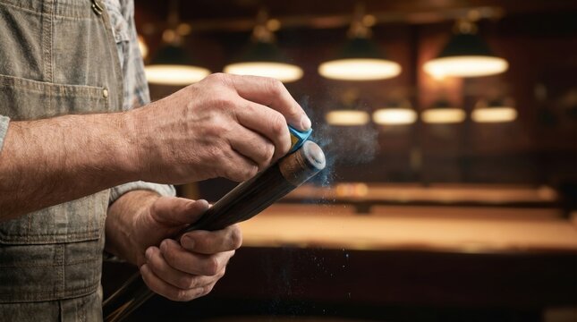 Person holding a wooden billiard cue and applying blue chalk to the tip in a dark pool hall