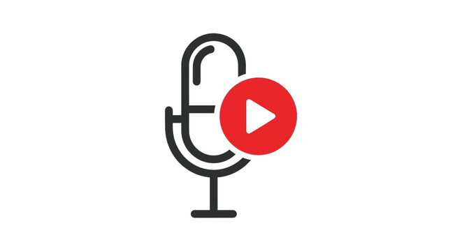 Microphone icon, play button, vector symbol, audio sign, media player, podcast logo, black and red