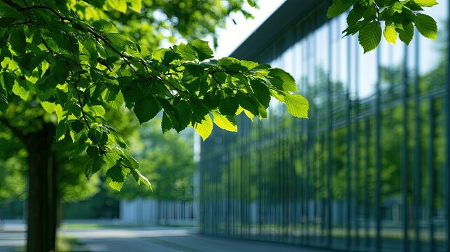 Green leaves of a tree contrast with a modern glass building reflecting nature