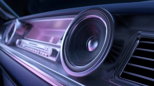 Closeup car speaker and dashboard illuminated by purple neon lighting, chrome grille and textured leather trim, tactile knobs and rotary dial, ambient reflection on polished surfaces, mood of highend
