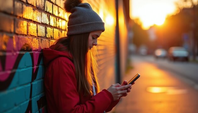 Teen girl with backpack checks phone near graffiti wall at sunset. She leans against brick, bathed in warm golden light, engrossed in her mobile device.