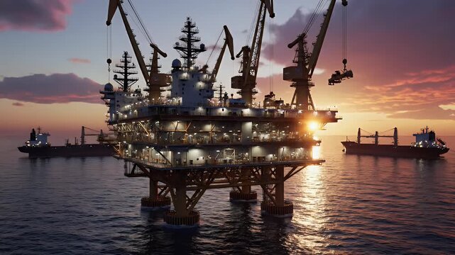 A brightly lit offshore oil platform stands majestically in the ocean at sunset, accompanied by support vessels, showcasing the scale of industrial operations.