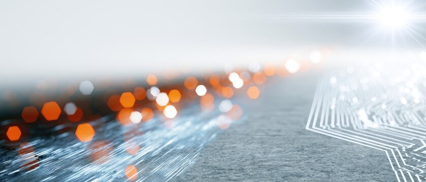 Abstract digital pathway with glowing lights and circuit board elements