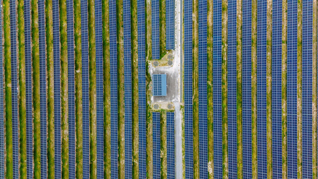 Aerial view of rows of blue solar panels installed in a green field with a central control building Sabac, Vojvodina, Serbia.