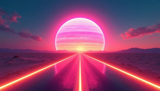 Retro road leads to bright celestial ring over desert landscape. Neon light glows on asphalt at sunset. Futuristic synthwave scene with vibrant pink and orange colors.