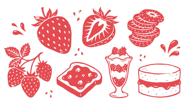 Strawberry Fruit and Sweet Dessert Vector Illustration Set.
Hand Drawn Linocut Style Elements of Berries, Jam Toast, Parfait, and Cake for Bakery and Food Branding.