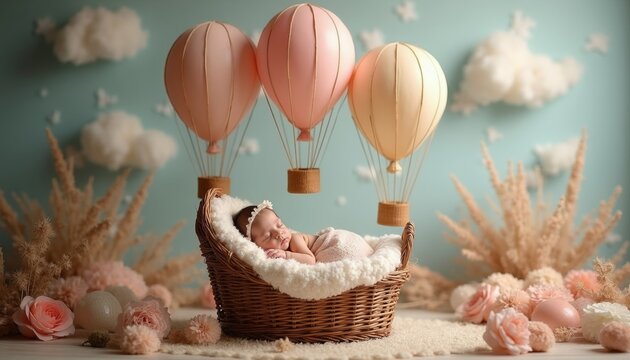 Newborn baby slepic in woven basket with fluffy white lining. Hot air balloons float in pastel sky with clouds. Pampas grass and pink flowers create dreamy atmosphere.