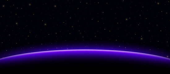 Purple glowing planet horizon in deep space abstract concept. Astrology horizontal star universe background. Cosmos, galaxy deep space concept. Vector illustration © boxerx