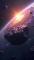 Fototapeta premium Rocky asteroid floats in deep space near glowing planet and bright star. Cosmic scene with distant nebulae and other celestial bodies. Futuristic backdrop for products and themes.