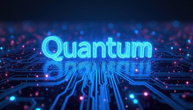 Blue neon glowing word Quantum over circuit board with digital particles. Futuristic technology background with abstract light effects and data streams, computing power visualization.