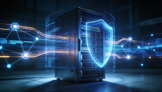 
Futuristic server rack protected by a transparent digital shield, cybersecurity network defense concept illustrating data encryption, antivirus protection and online safety technology