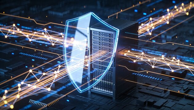 
Futuristic server rack protected by a transparent digital shield, cybersecurity network defense concept illustrating data encryption, antivirus protection and online safety technology