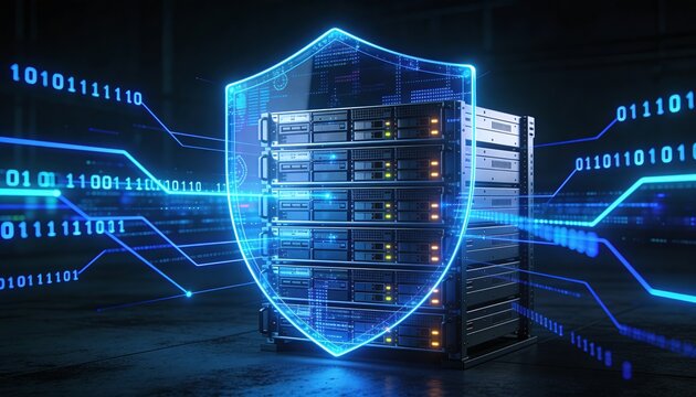
Futuristic server rack protected by a transparent digital shield, cybersecurity network defense concept illustrating data encryption, antivirus protection and online safety technology