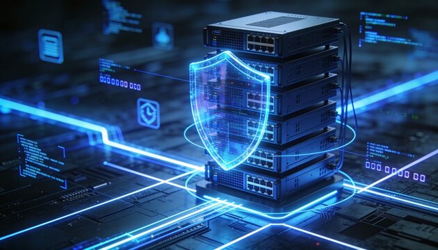 
Futuristic server rack protected by a transparent digital shield, cybersecurity network defense concept illustrating data encryption, antivirus protection and online safety technology