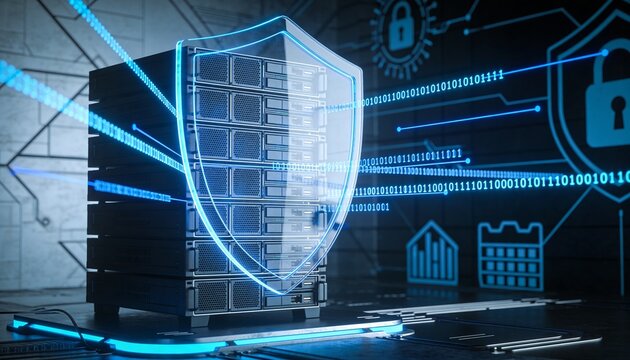
Futuristic server rack protected by a transparent digital shield, cybersecurity network defense concept illustrating data encryption, antivirus protection and online safety technology