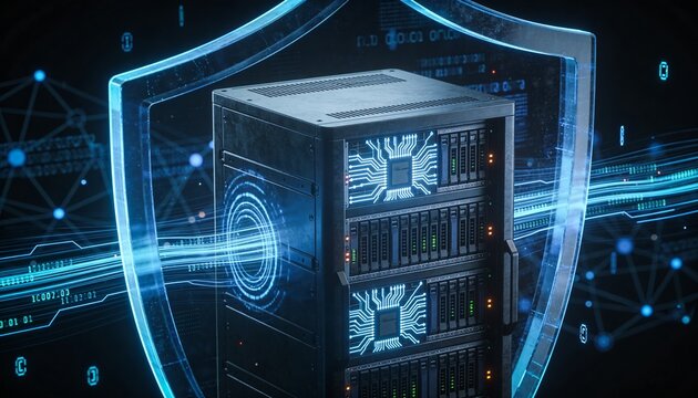 
Futuristic server rack protected by a transparent digital shield, cybersecurity network defense concept illustrating data encryption, antivirus protection and online safety technology