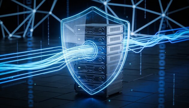
Futuristic server rack protected by a transparent digital shield, cybersecurity network defense concept illustrating data encryption, antivirus protection and online safety technology