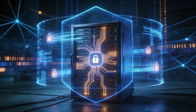 
Futuristic server rack protected by a transparent digital shield, cybersecurity network defense concept illustrating data encryption, antivirus protection and online safety technology