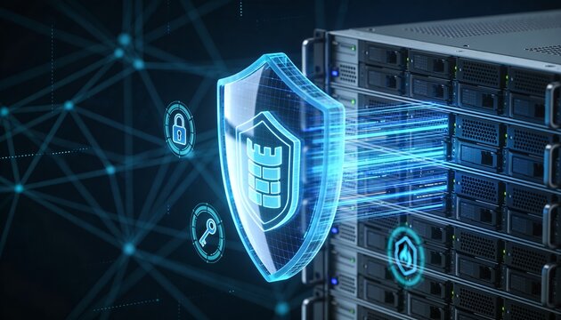 
Futuristic server rack protected by a transparent digital shield, cybersecurity network defense concept illustrating data encryption, antivirus protection and online safety technology