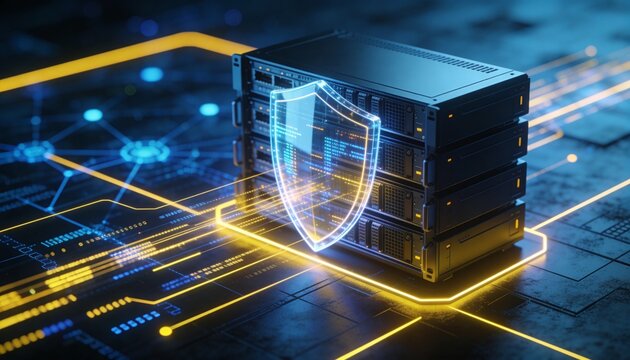 
Futuristic server rack protected by a transparent digital shield, cybersecurity network defense concept illustrating data encryption, antivirus protection and online safety technology