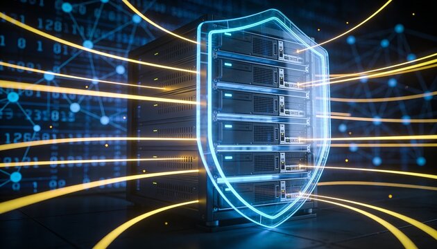 
Futuristic server rack protected by a transparent digital shield, cybersecurity network defense concept illustrating data encryption, antivirus protection and online safety technology