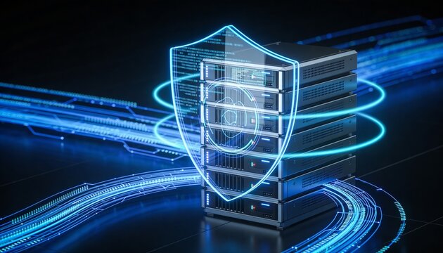 
Futuristic server rack protected by a transparent digital shield, cybersecurity network defense concept illustrating data encryption, antivirus protection and online safety technology
