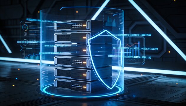
Futuristic server rack protected by a transparent digital shield, cybersecurity network defense concept illustrating data encryption, antivirus protection and online safety technology