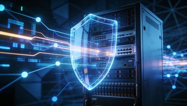 
Futuristic server rack protected by a transparent digital shield, cybersecurity network defense concept illustrating data encryption, antivirus protection and online safety technology