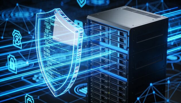 
Futuristic server rack protected by a transparent digital shield, cybersecurity network defense concept illustrating data encryption, antivirus protection and online safety technology