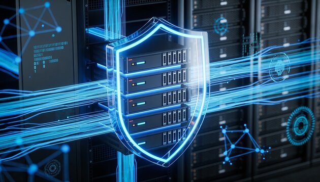 
Futuristic server rack protected by a transparent digital shield, cybersecurity network defense concept illustrating data encryption, antivirus protection and online safety technology