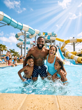 Vertical portrait of a happy Black family splashing water in a swimming pool at a water park. African American parents and children enjoying summer vacation with water slides in background