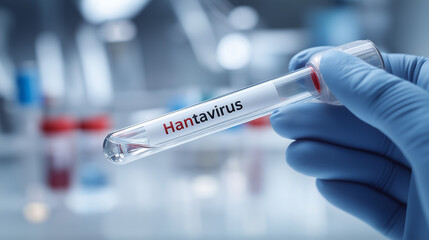 Fototapeta premium Gloved hand holding a laboratory test tube labeled hantavirus against a blurred clinical background, medical research concept 