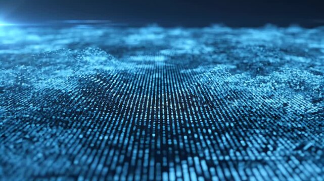 A futuristic abstract image depicts a glowing blue digital landscape composed of numerous data points, suggesting a network or technological interface.