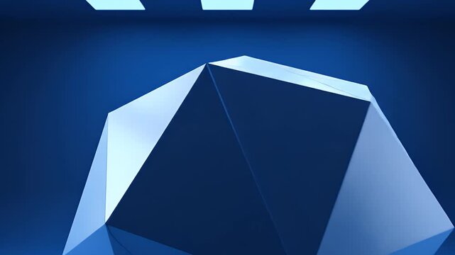 A striking geometric crystal shape is illuminated by three spotlights against a deep blue background, creating a modern and abstract visual.