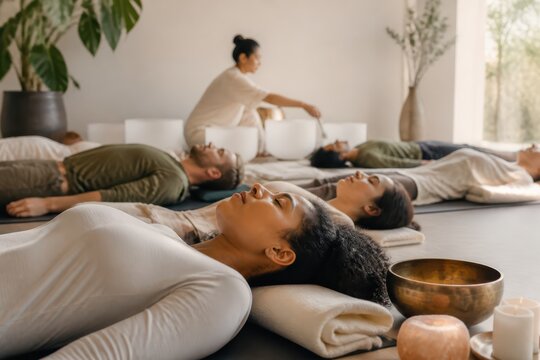 Group meditation with people resting during a sound bath in a calm wellness studio