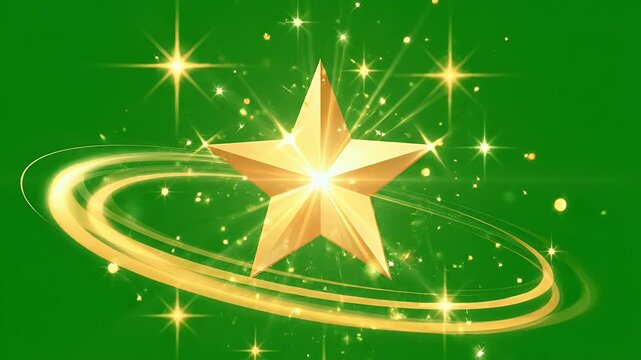 A vibrant green background showcases a luminous golden star with sparkling highlights, creating a visually striking and celebratory image.