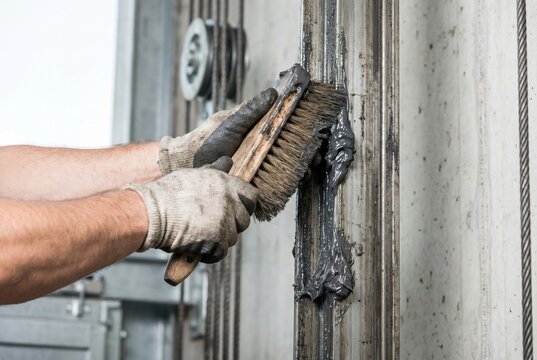Elevator technician using a stiff wire brush to apply dark grease onto a vertical metal guide rail
