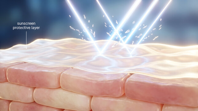 Medical illustration of sunscreen protective layer blocking UV ray beam on skin surface
