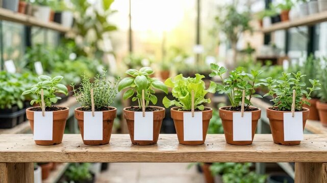 Row of potted herbs on wooden bench in greenhouse. Fresh basil thyme and lettuce plants in terracotta pots with labels. Organic gardening and home growing concept for sustainable agriculture