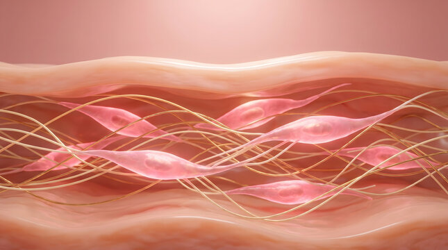 Cross section showing spindle shaped fibroblast cell and golden collagen fiber network in dermis