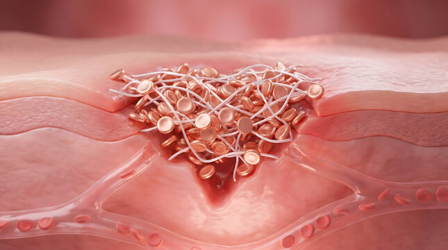 Blood clot formation with fibrin network and red blood cell inside wound