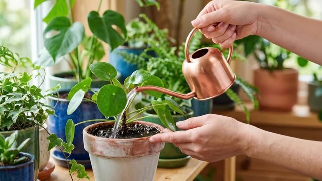 Womans hands watering young houseplant with copper watering can. Indoor gardening and plant care concept. Nurturing greenery at home for fresh living space