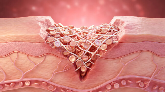 Skin wound cross section showing blood clot formation with platelet and fibrin network mesh